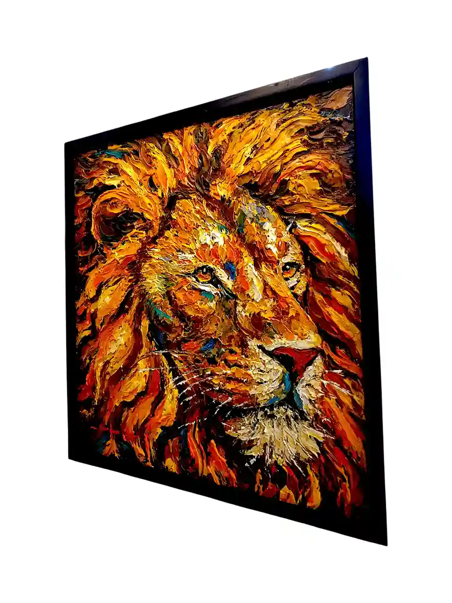 Golden Lion Oil Palette Knife Painting - Arts of Bali Expressive wildlife lion canvas art with fiery orange and gold impasto paint from Arts of Bali.