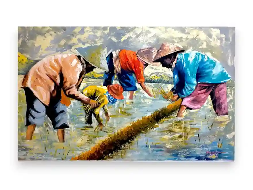 Palette knife painting of Balinese farmers planting rice in flooded fields, authentic Indonesian impressionist art from Arts of Bali.