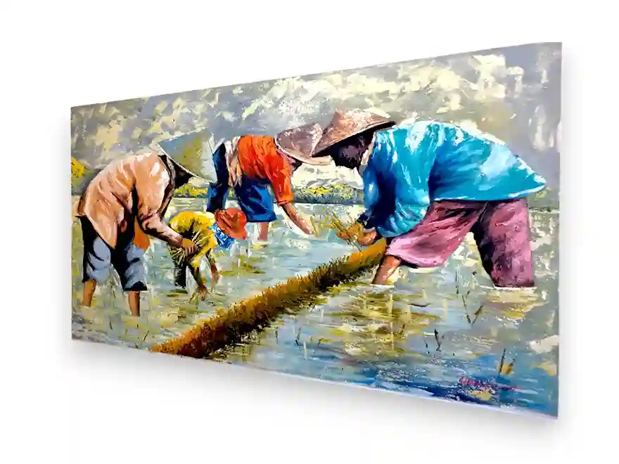 Harvest Harmony: Balinese Rice Farmers Painting - Arts of Bali Impressionist canvas artwork showing traditional Indonesian rice planting scene in vivid colors from Arts of Bali.