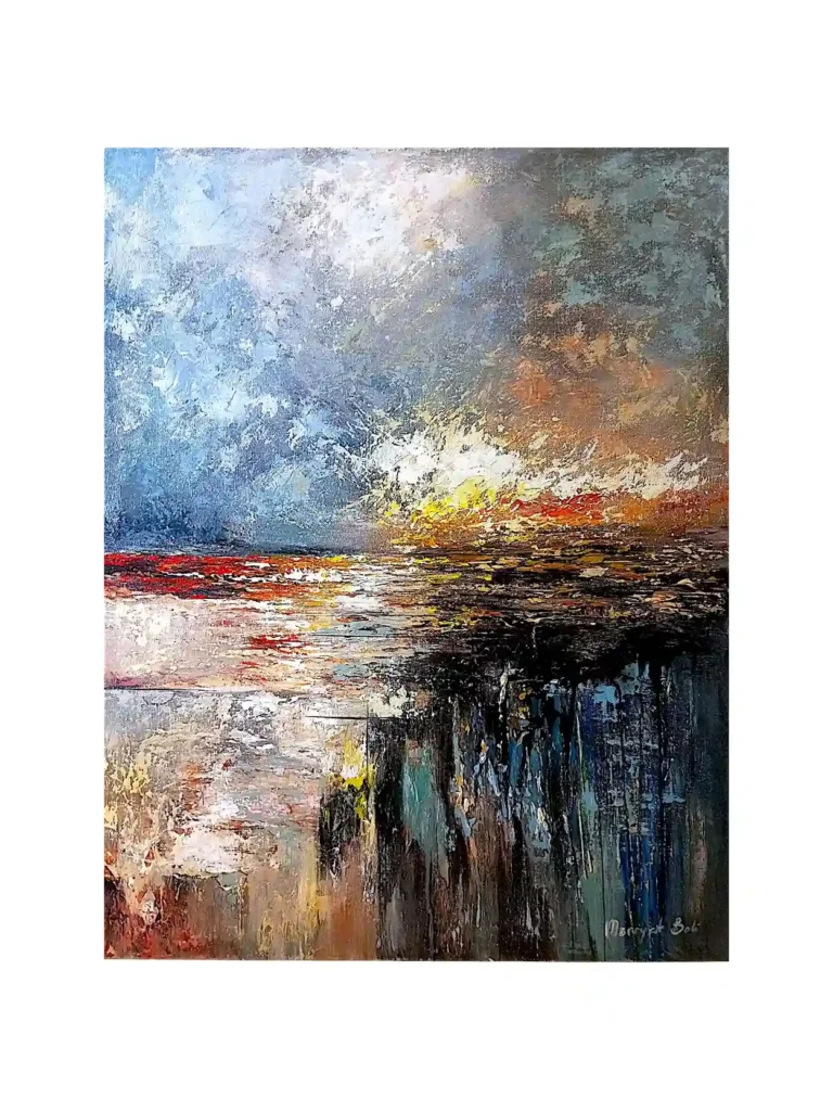 Textured abstract seascape palette knife painting depicting ocean sunset from Arts of Bali.
