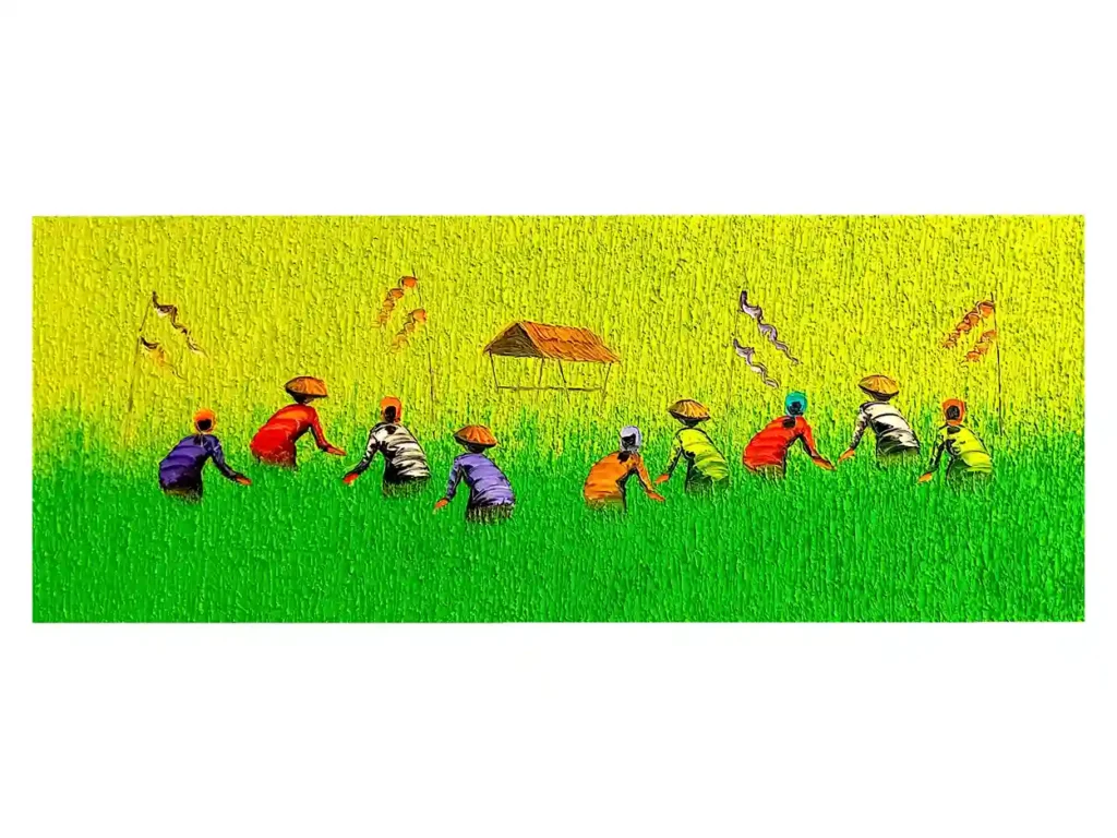 Panoramic palette knife painting of farmers working in vibrant green Balinese rice fields from Arts of Bali.