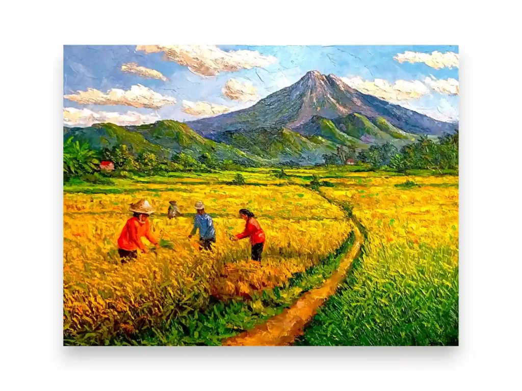 Palette knife landscape painting of farmers harvesting golden rice fields with Mount Agung in the background from Arts of Bali.