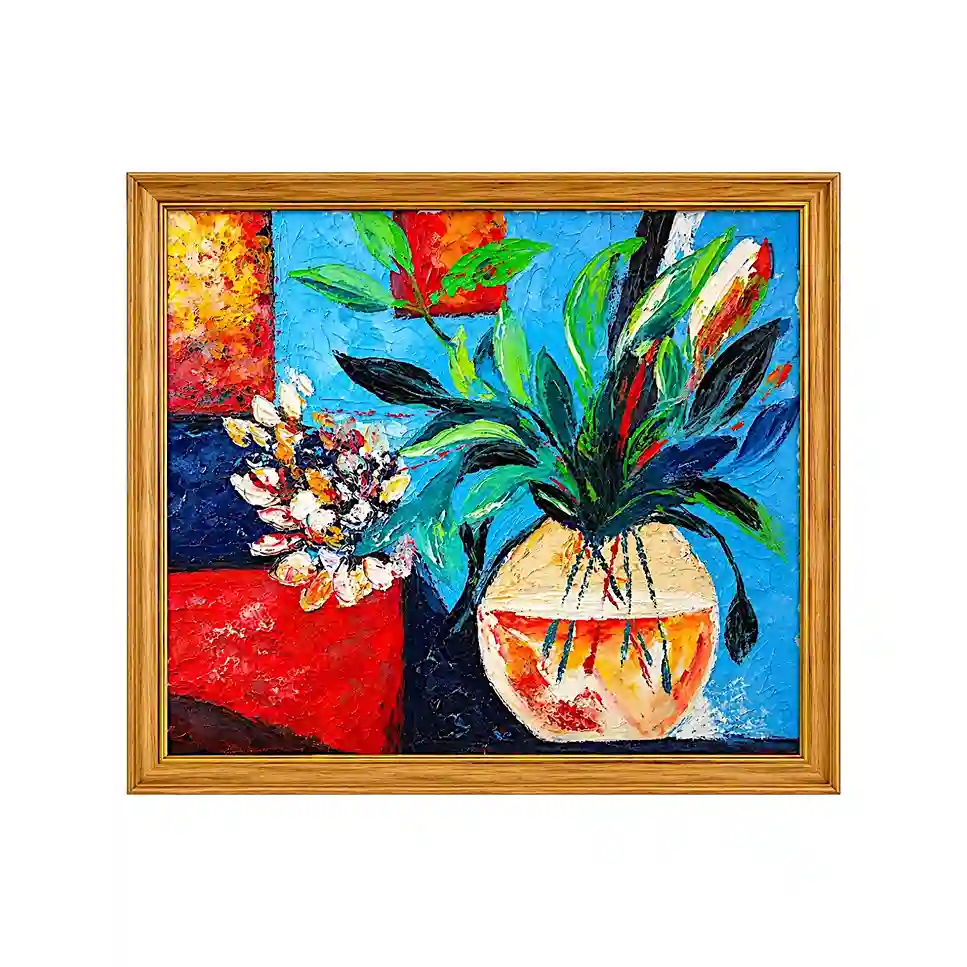Modern abstract still life palette knife painting of flowers in glass vase with wood frame from Arts of Bali.