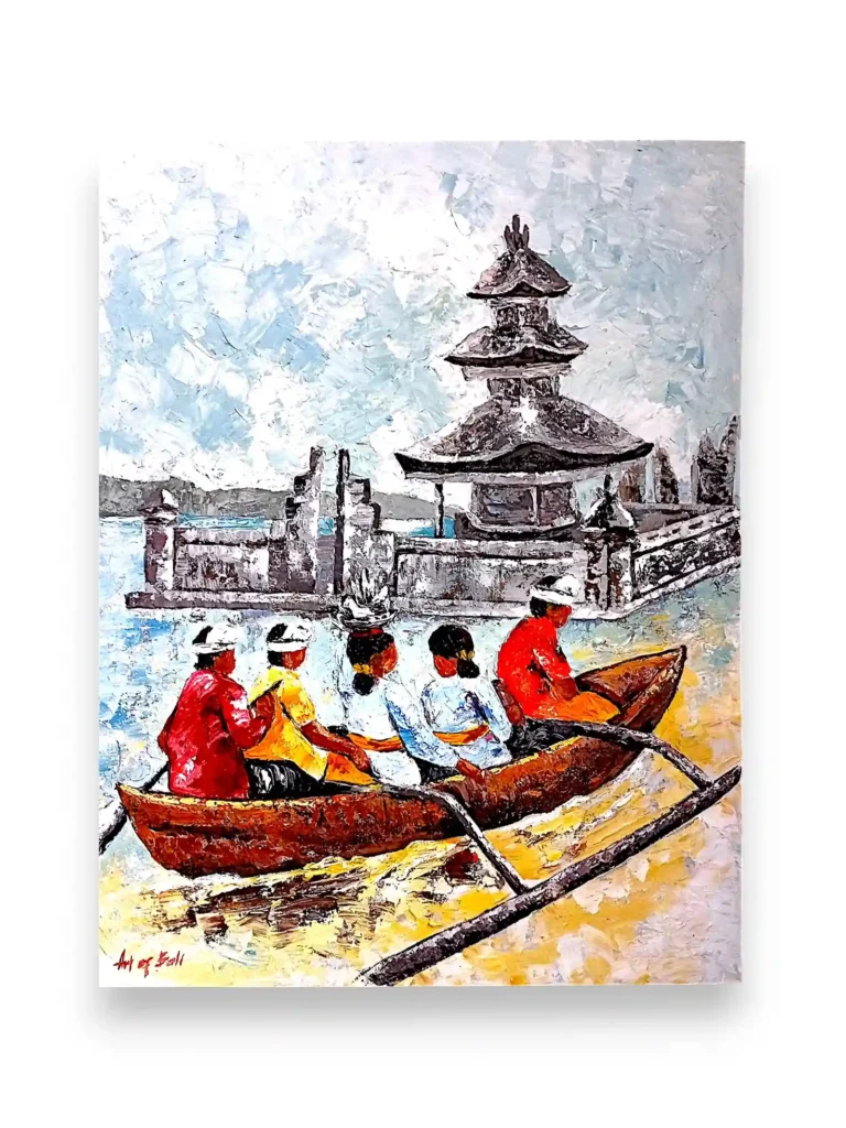 Palette knife painting of devotees rowing a boat near Ulun Danu Beratan water temple on cotton canvas from Arts of Bali.