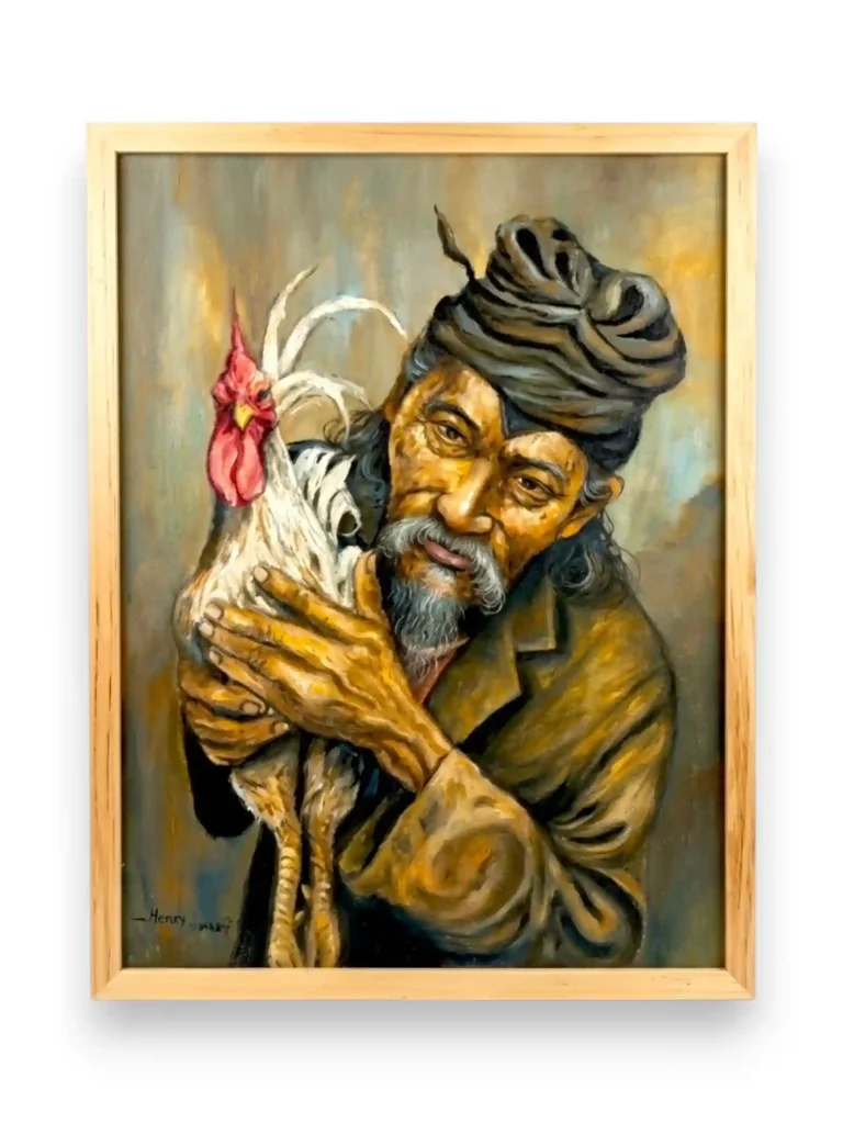 Balinese Rooster Tradition: Tabuh Rah, Tajen, and the Bond With a Prized Bird - Arts of Bali Expressionist palette knife painting of an old Balinese man holding a rooster in a light wood frame from Arts of Bali.