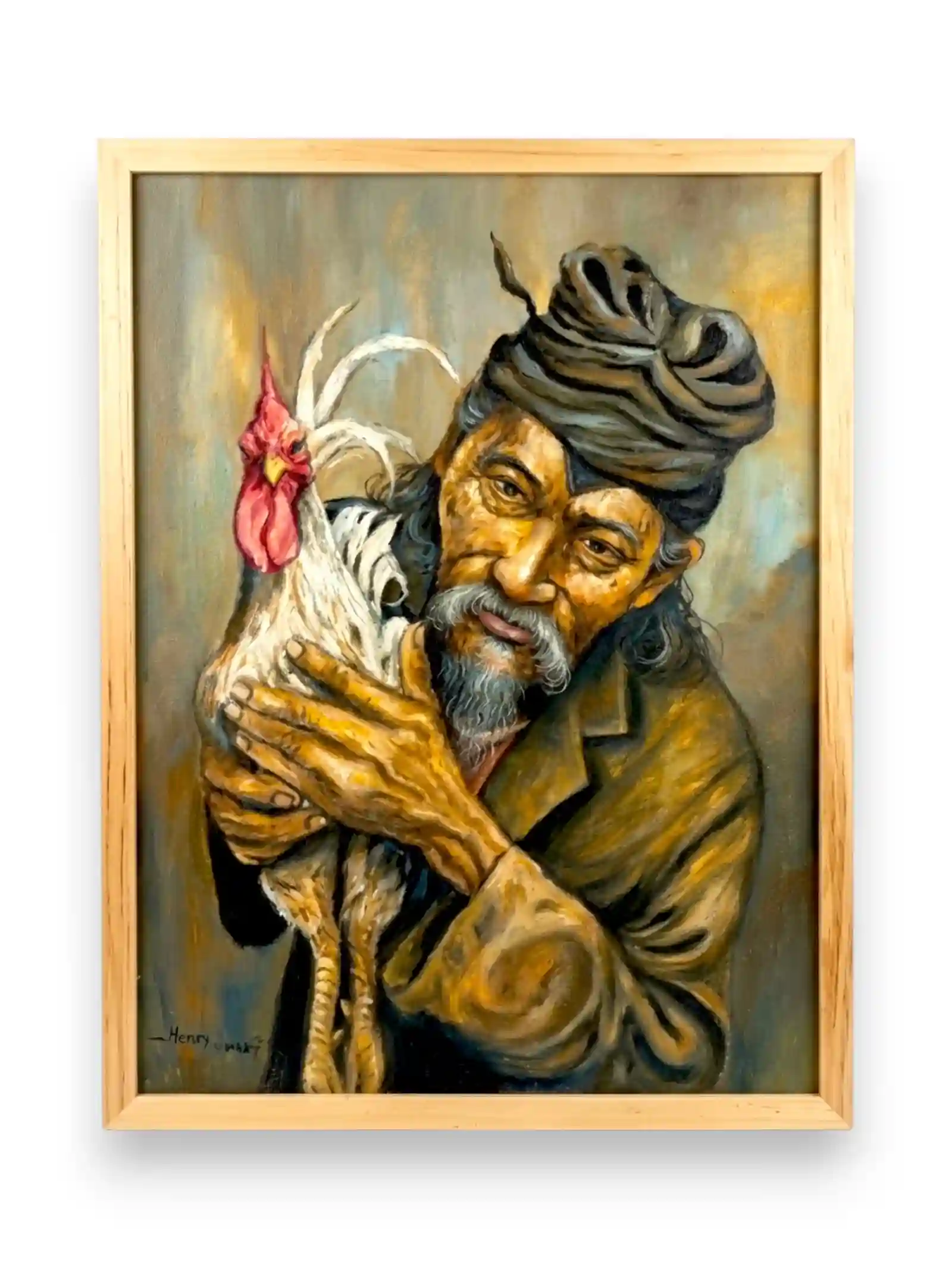 The Bond of Tradition: Balinese Elder with Rooster Palette Painting - Arts of Bali Expressionist palette knife painting of an old Balinese man holding a rooster in a light wood frame from Arts of Bali.