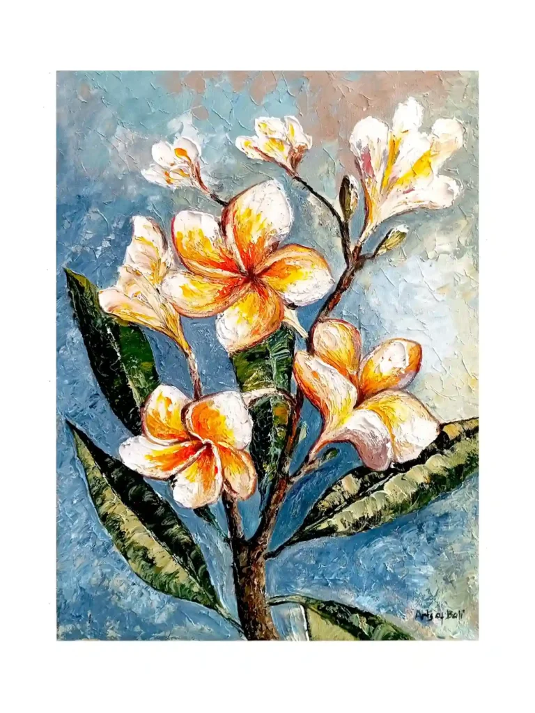 Vertical palette knife painting of white and yellow frangipani blossoms on cotton canvas from Arts of Bali.
