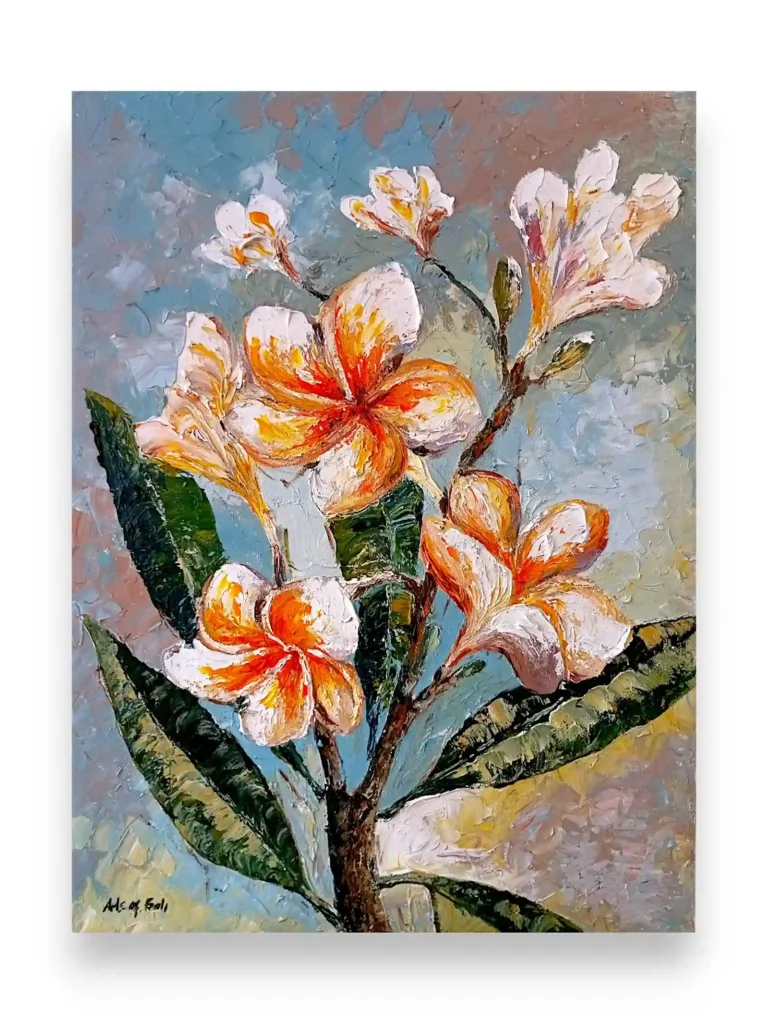 Vertical palette knife painting of white and yellow frangipani blossoms on cotton canvas from Arts of Bali.