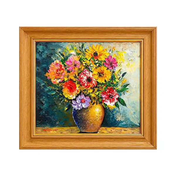 Square palette knife painting of colorful floral bouquet in clay vase with wood frame from Arts of Bali.