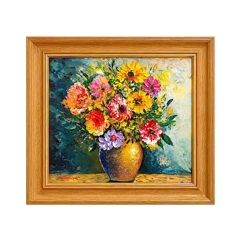 Square palette knife painting of colorful floral bouquet in clay vase with wood frame from Arts of Bali.