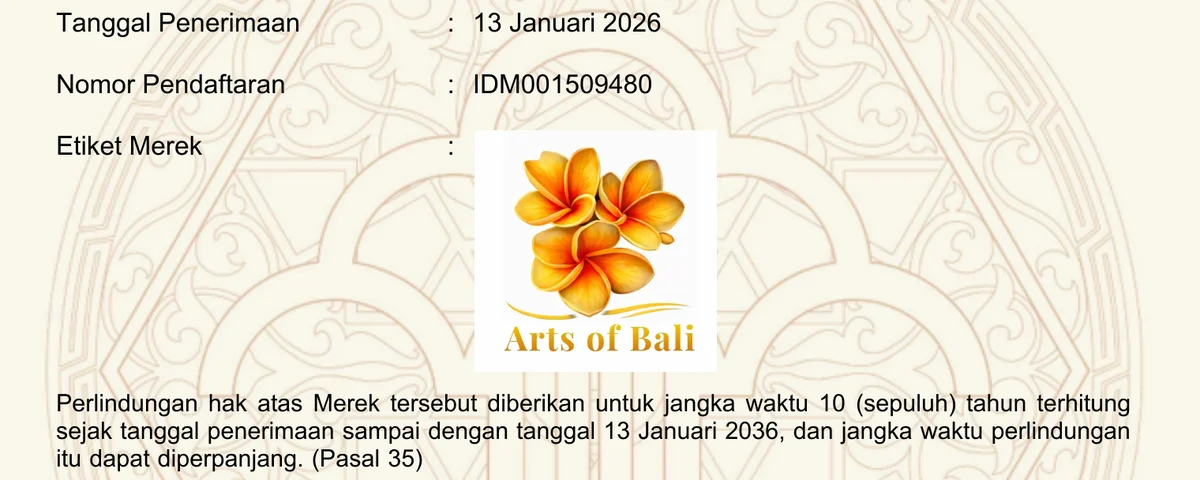 Arts of Bali DJKI trademark certificate excerpt DJKI trademark certificate excerpt for the Arts of Bali logo, registration number IDM001509480, class 16