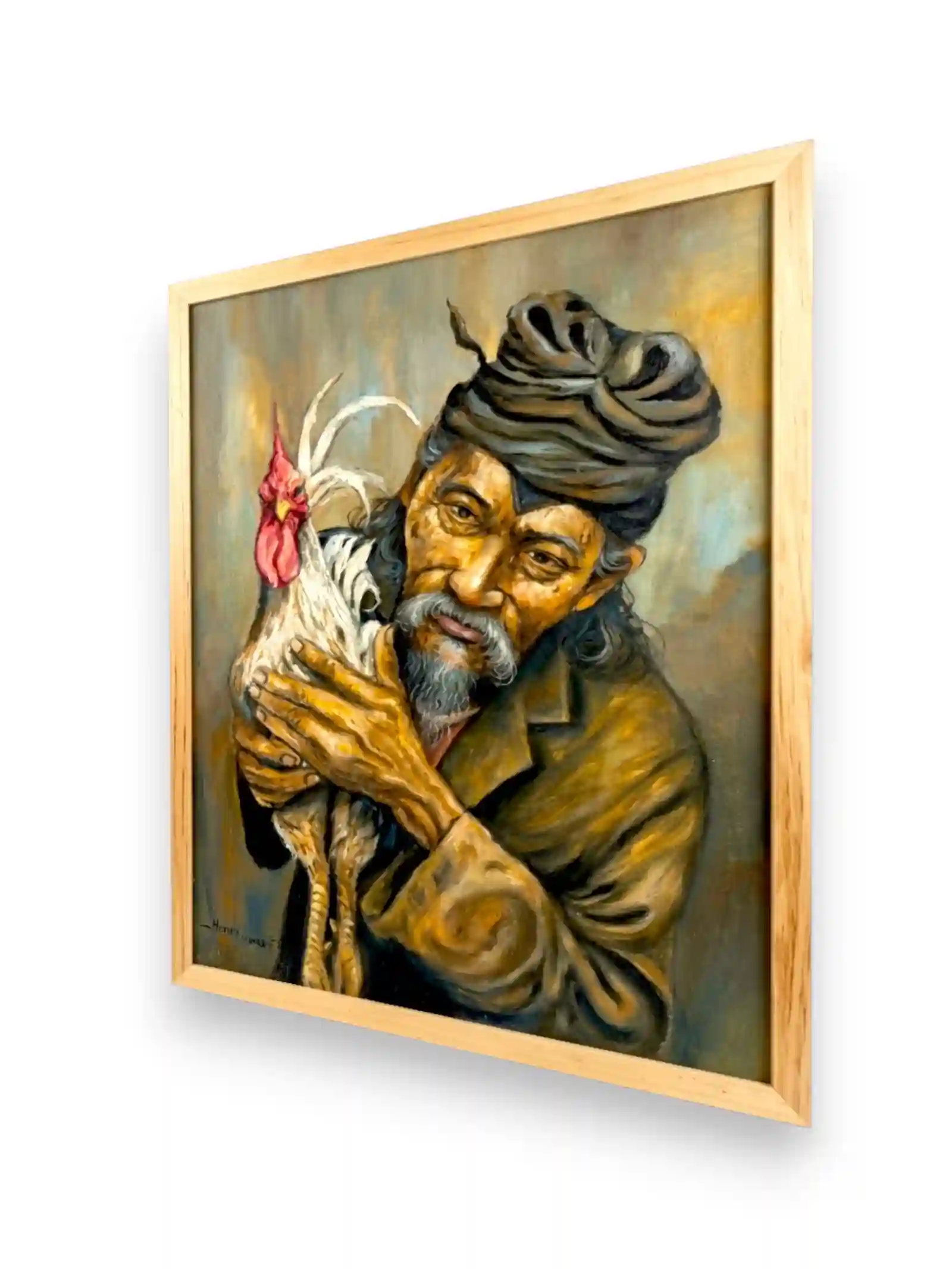The Bond of Tradition: Balinese Elder with Rooster Palette Painting - Arts of Bali Authentic Balinese portrait artwork on marsoto canvas depicting village life and rooster companionship from Arts of Bali.