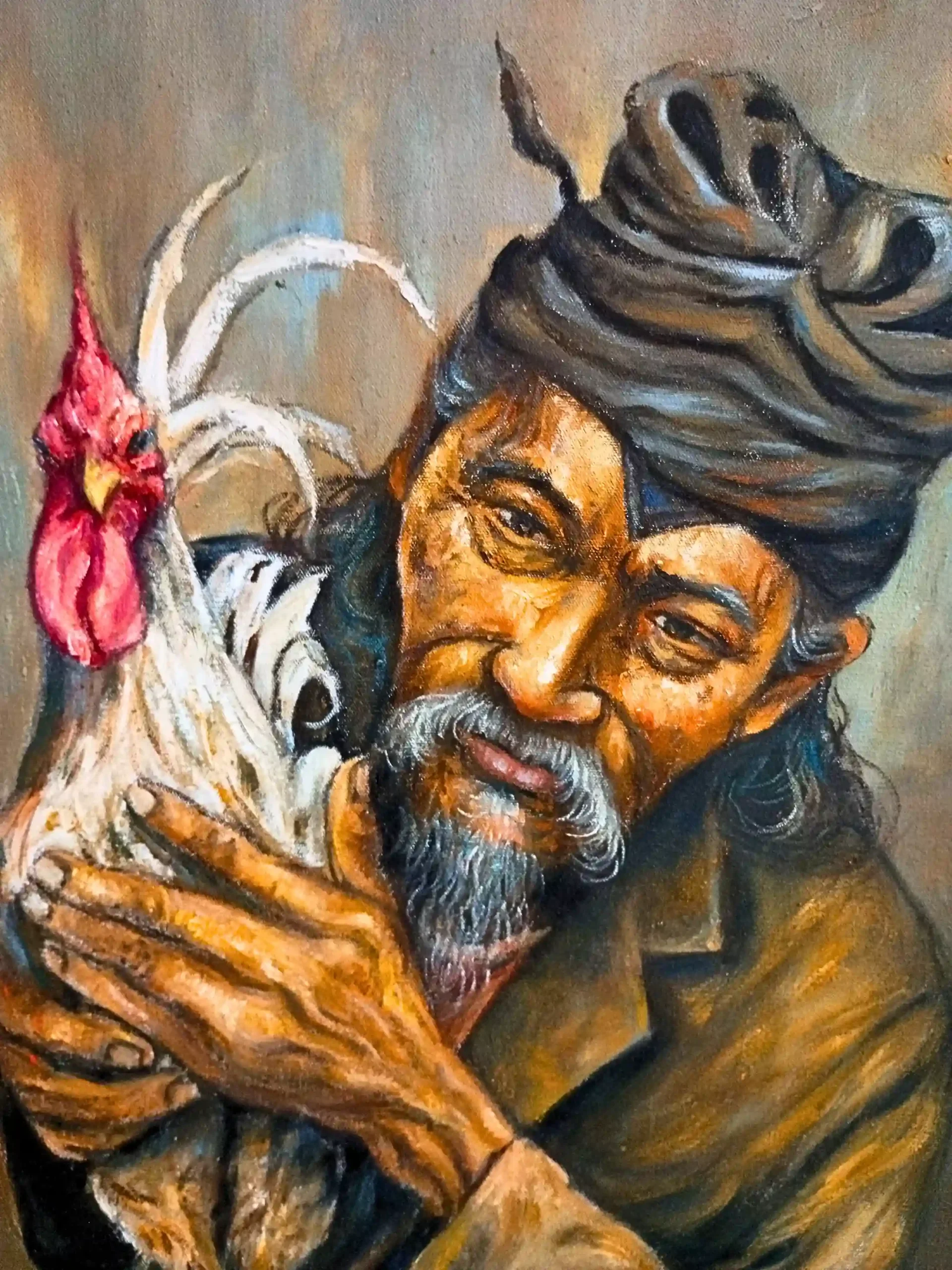 The Bond of Tradition: Balinese Elder with Rooster Palette Painting - Arts of Bali Close-up of heavy palette knife paint textures on the elder's face and rooster feathers from Arts of Bali.
