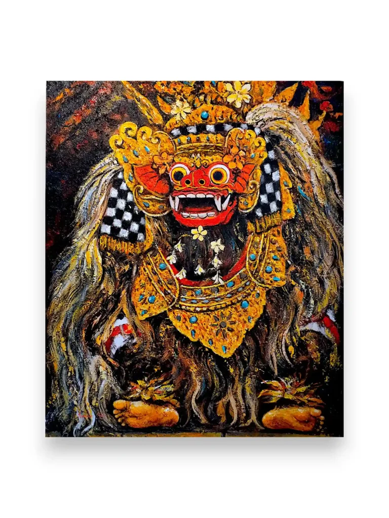 Large palette knife painting of the mythological Balinese Barong guardian spirit on marsoto canvas from Arts of Bali.