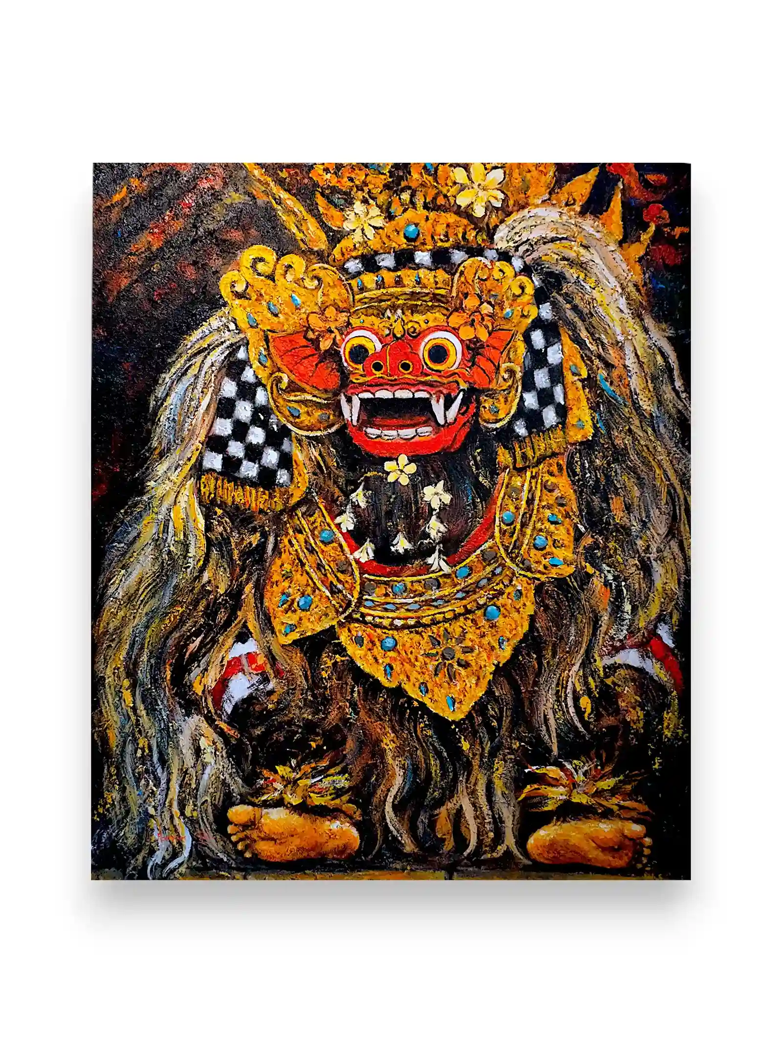 The Majestic Barong: Sacred Guardian Spirit Palette Painting - Arts of Bali Large palette knife painting of the mythological Balinese Barong guardian spirit on marsoto canvas from Arts of Bali.