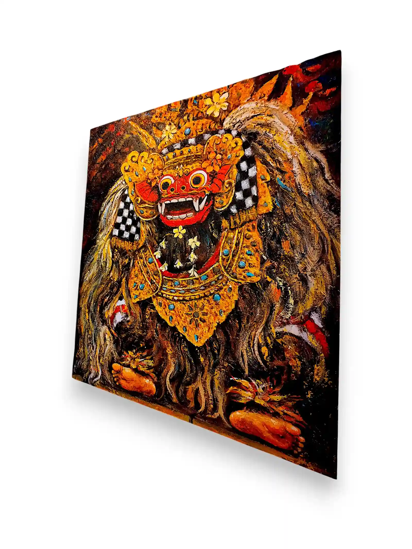 The Majestic Barong: Sacred Guardian Spirit Palette Painting - Arts of Bali Dramatic impasto artwork of sacred Balinese Barong dance with golden ornaments and poleng cloth from Arts of Bali.