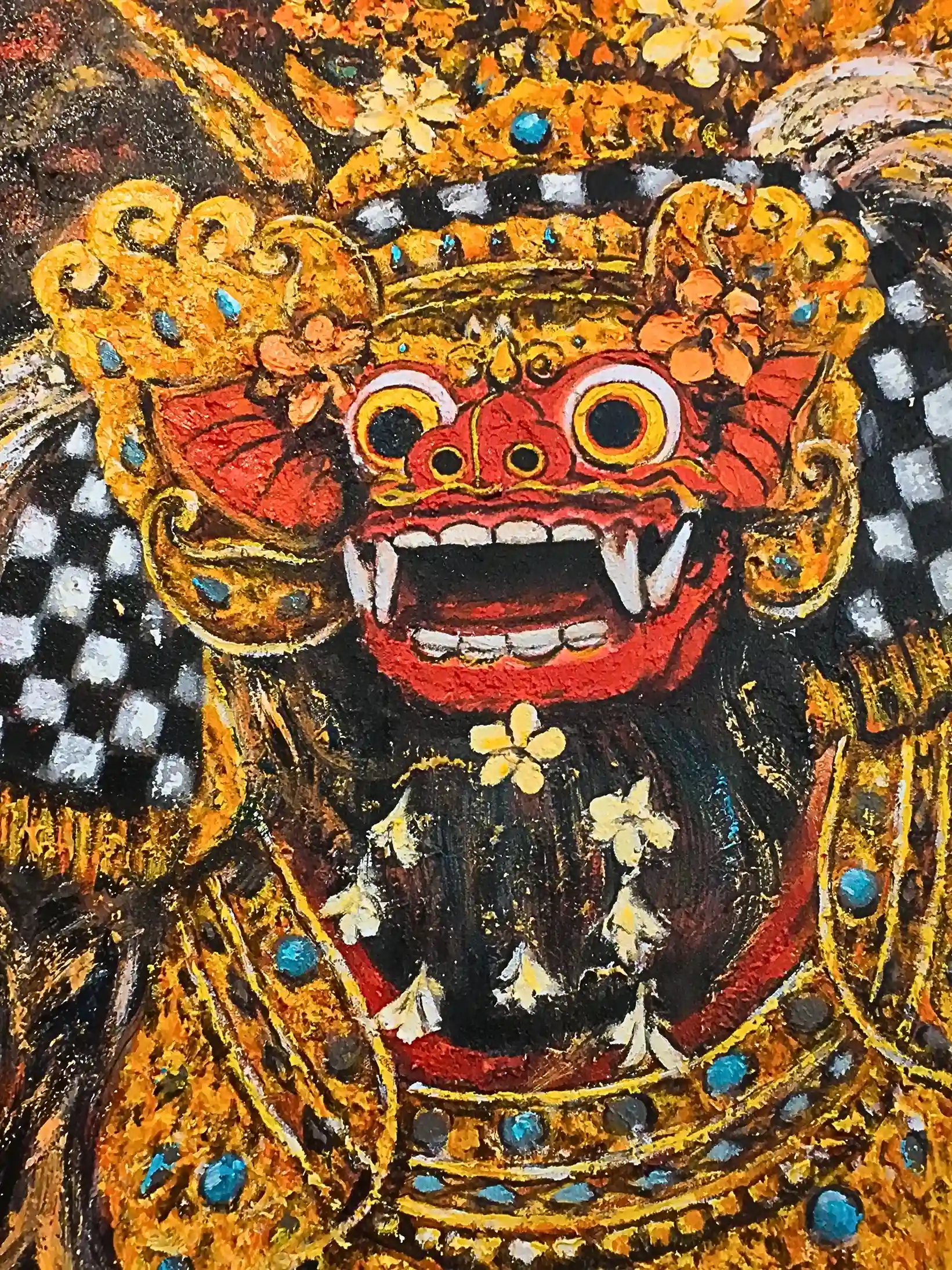 The Majestic Barong: Sacred Guardian Spirit Palette Painting - Arts of Bali Close-up detail of thick knife strokes on Barong gilded headdress, sharp fangs, and textured fur from Arts of Bali.
