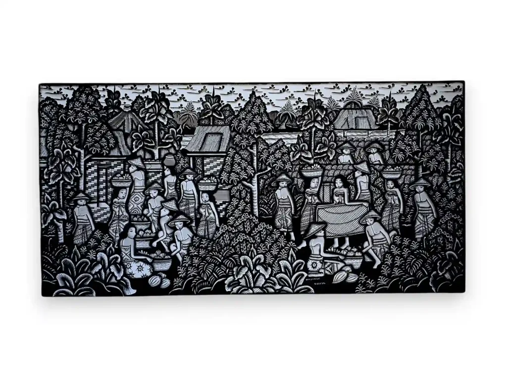 Panoramic traditional Batuan style painting of Balinese village life in detailed black and white wash from Arts of Bali.