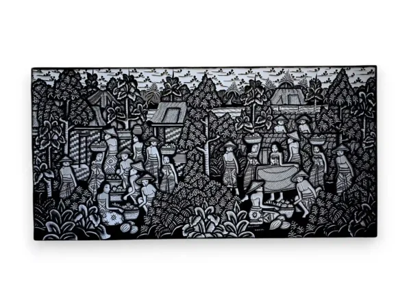 Panoramic traditional Batuan style painting of Balinese village life in detailed black and white wash from Arts of Bali.
