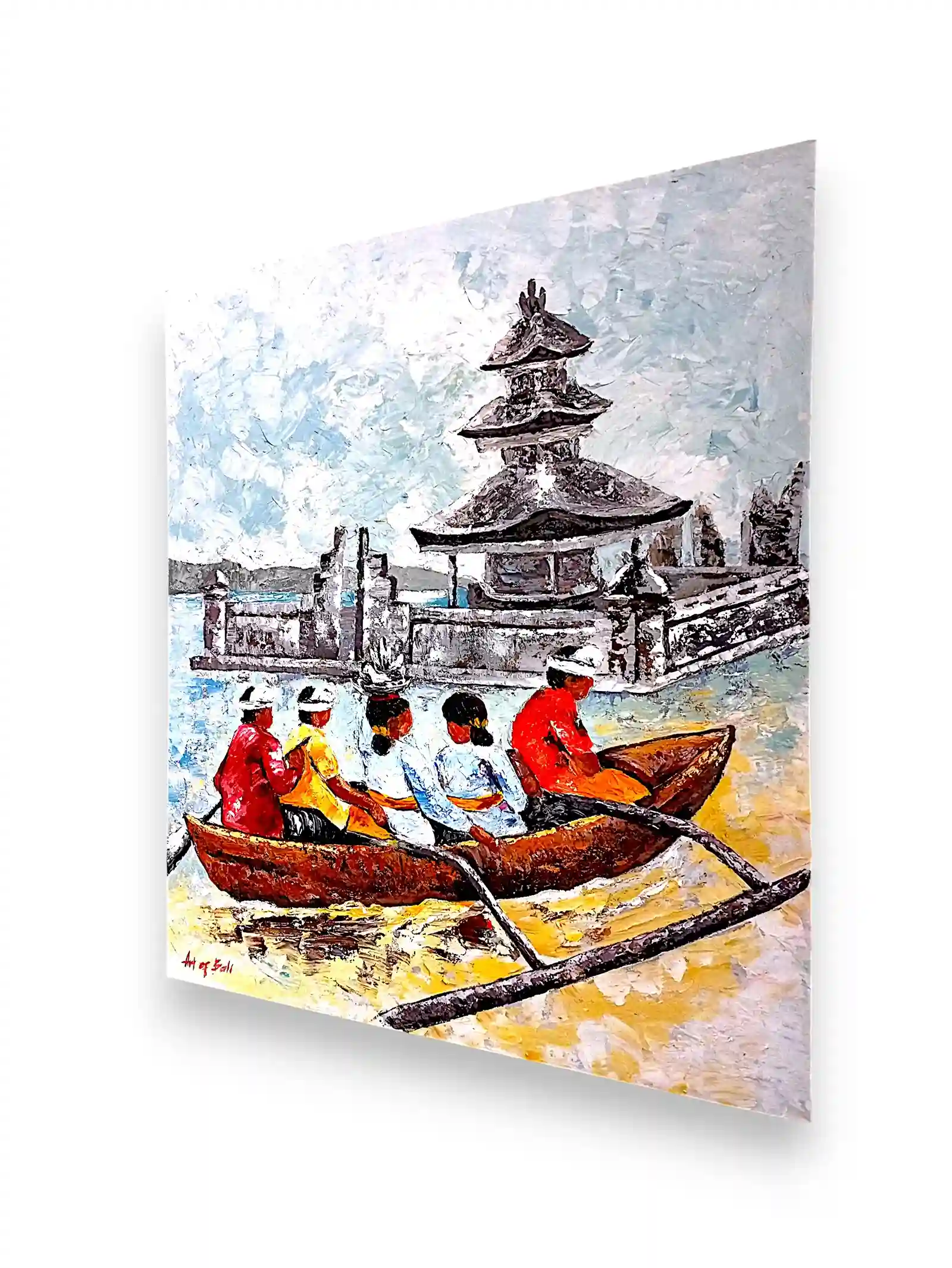 - Arts of Bali Angled view of a Lake Beratan temple painting showing the canvas texture and wood frame edge