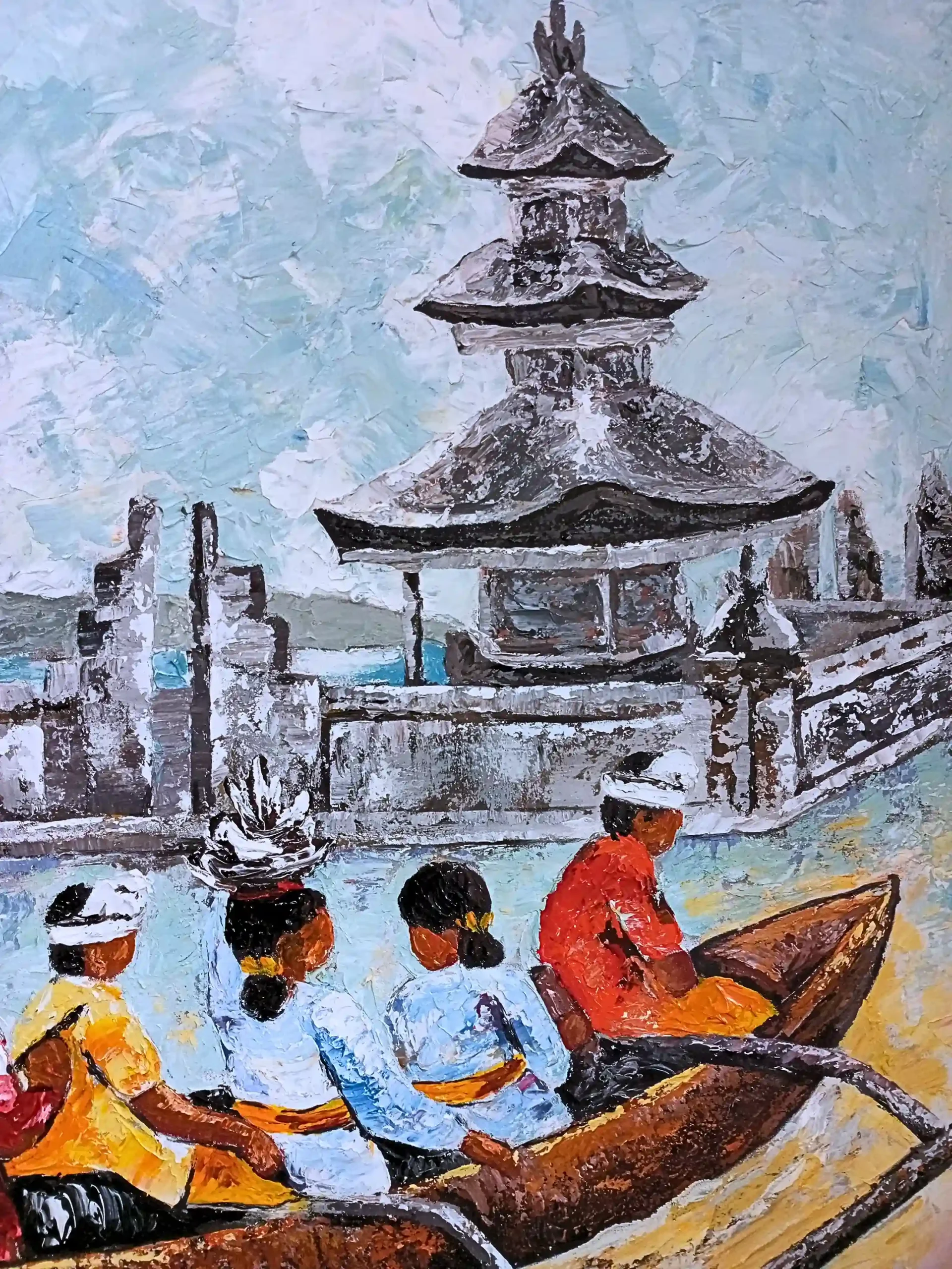 - Arts of Bali Close-up palette knife detail of devotees and an offering in a boat before Pura Ulun Danu Beratan