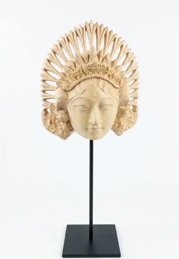 Hand-carved pale wood Balinese Janger dancer head bust with intricate floral crown on stand from Arts of Bali.