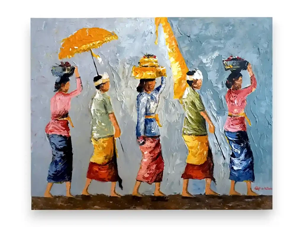 Textured palette knife painting of a Balinese ceremonial procession carrying offerings and yellow umbrellas from Arts of Bali.