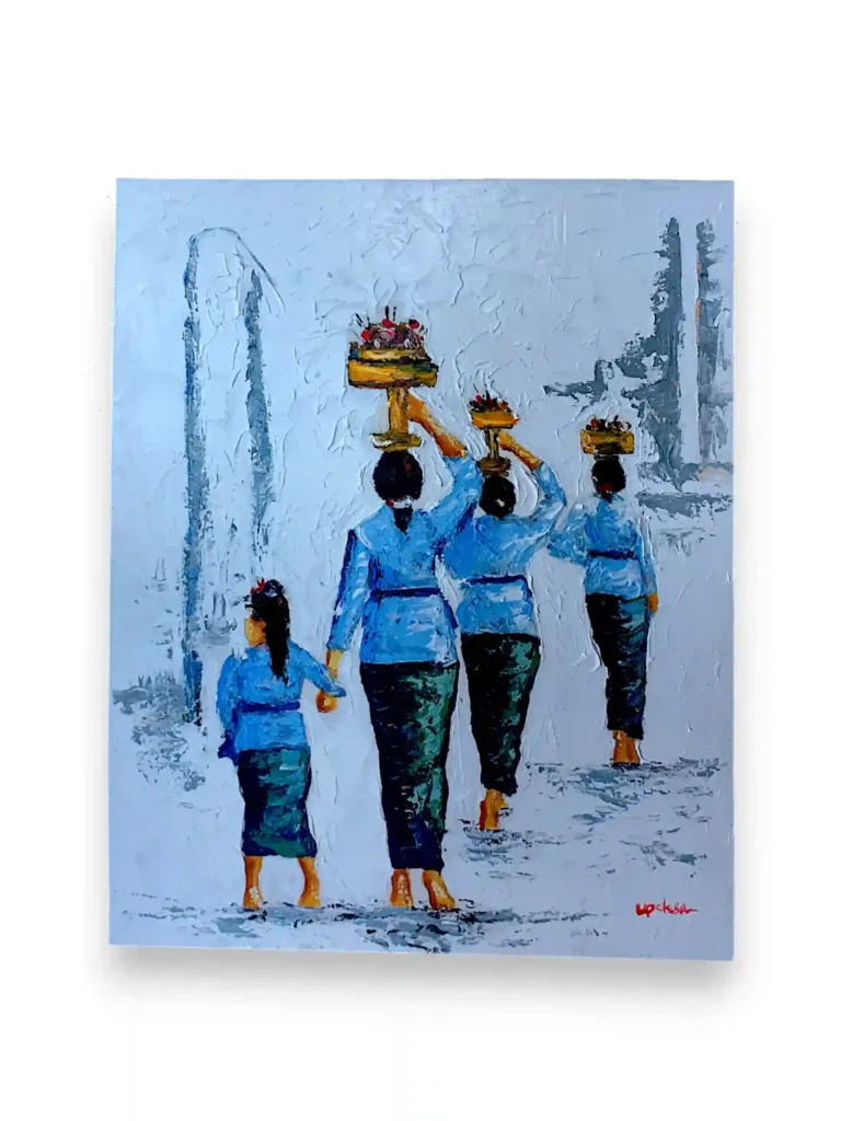 Palette knife painting of Balinese women in blue kebaya carrying offerings to the temple from Arts of Bali.