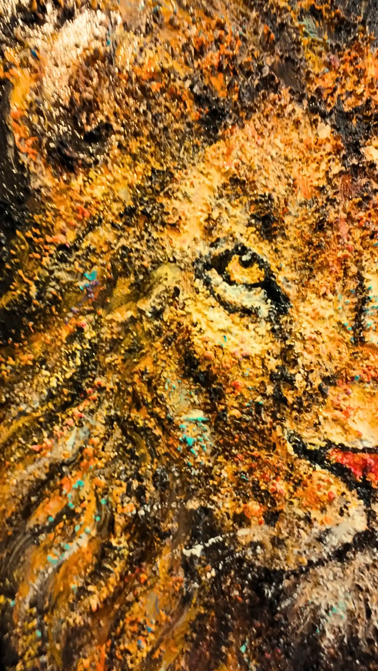 Close-up of rugged sand texture on the mane and eyes of the Imperial Lion Sovereign painting