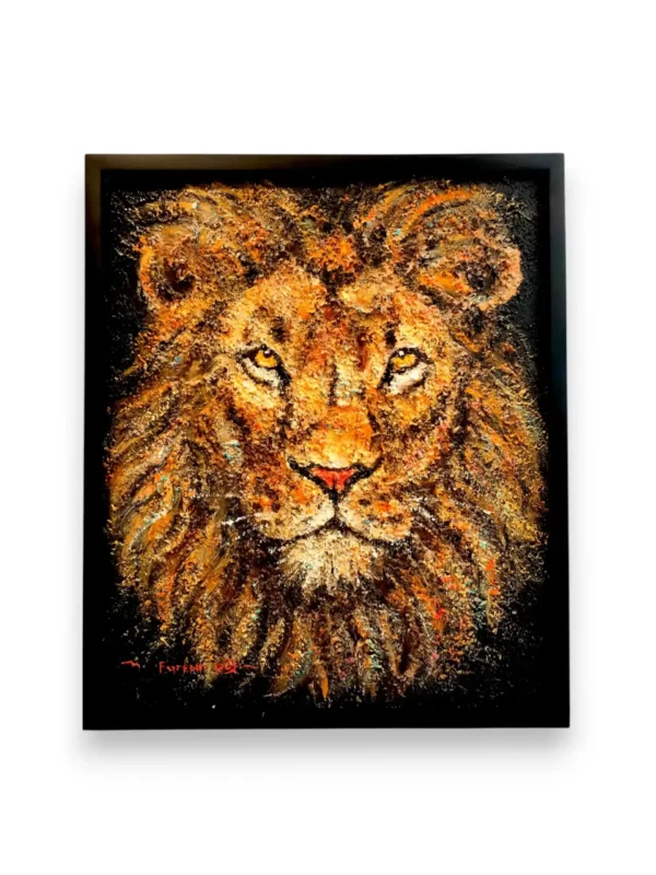 Sand texture painting of an imperial lion sovereign on marsoto canvas from Arts of Bali.