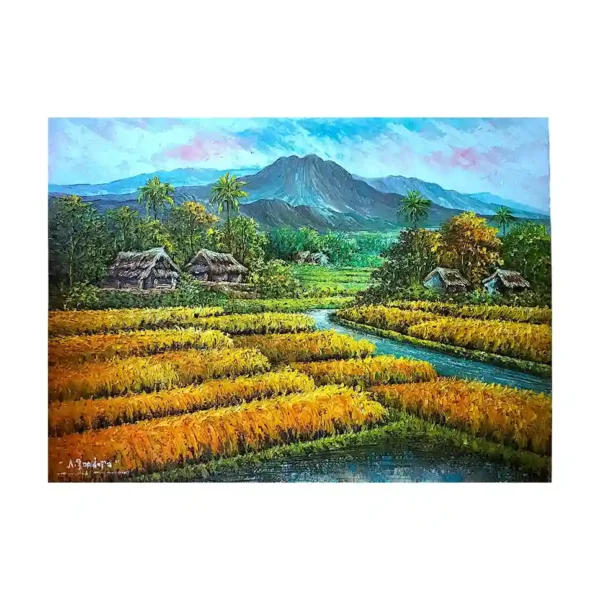 Palette knife painting of a winding countryside river flowing through golden rice fields from Arts of Bali.