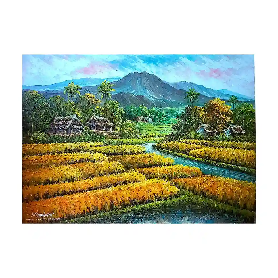 Palette knife painting of a winding river running through golden Balinese rice fields