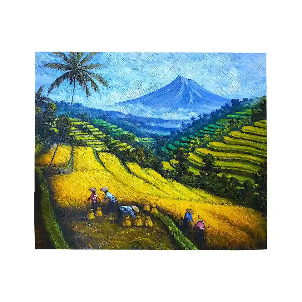 Palette knife painting of farmers tending golden rice terraces under a blue mountain