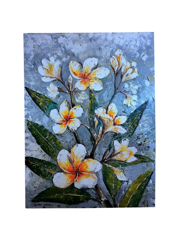 Vertical palette knife painting of white and yellow frangipani blossoms on cotton canvas from Arts of Bali.