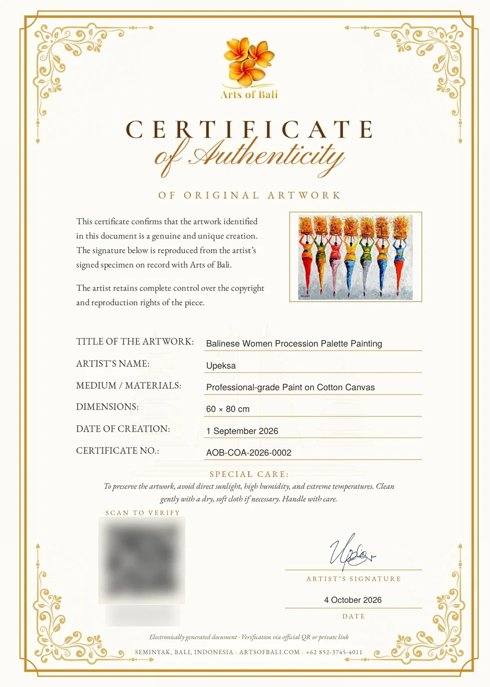 Arts of Bali Certificate of Authenticity of original artwork for the Balinese Women Procession palette painting by Upeksa, 60 × 80 cm