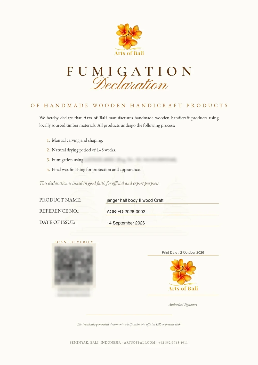 Arts of Bali Fumigation Declaration of handmade wooden handicraft products, sample for a Janger half-body carving