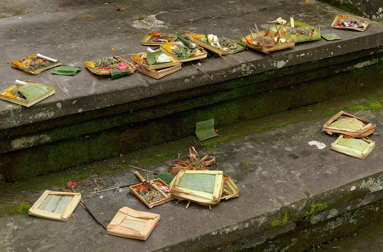 Small offering trays on a stone ledge and mossy steps on a street in Ubud, Bali