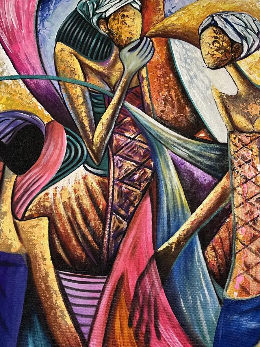 Close-up of cubist figures painting showing ridged paint, striped headwraps and a diamond pattern on a garment