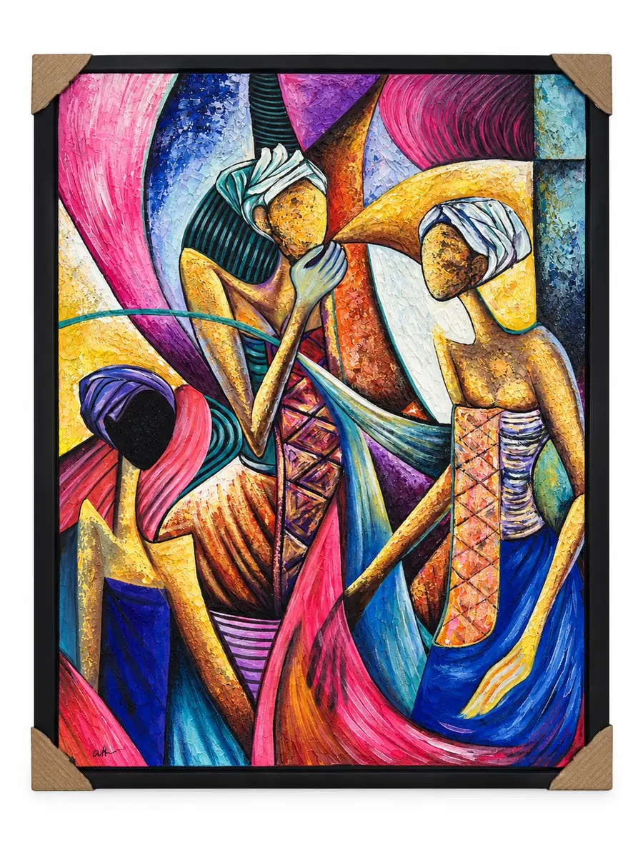 Cubist figures painting of three figures with headwraps among pink, blue and gold planes in a black frame