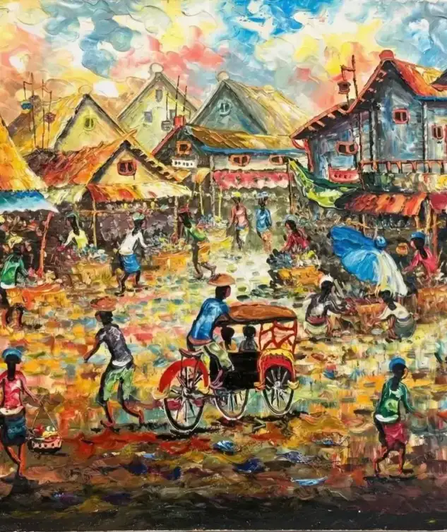 Authentic traditional Balinese market painting in vibrant impressionist style